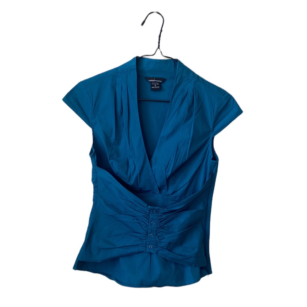 MODA INTERNATIONAL BLUE/GREEN CORSET LIKE, SHORT SLEEVES TOP, V-Neck SIZE 2